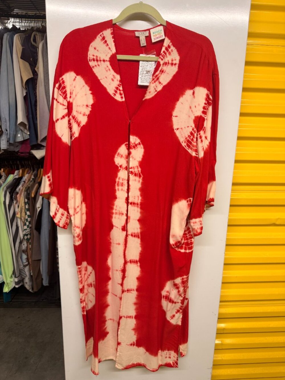 LOGO Lori Goldstein Beach To Street Tie Dye Duster Kimono Red Cream Small